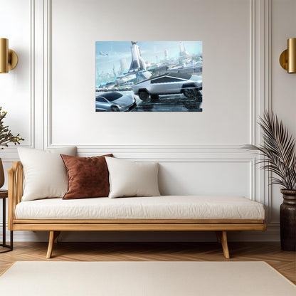 Tesla Cybertruck & Roadster | Futuristic Cityscape Art Print | Sci-Fi Electric Vehicle Poster - Cars Poster