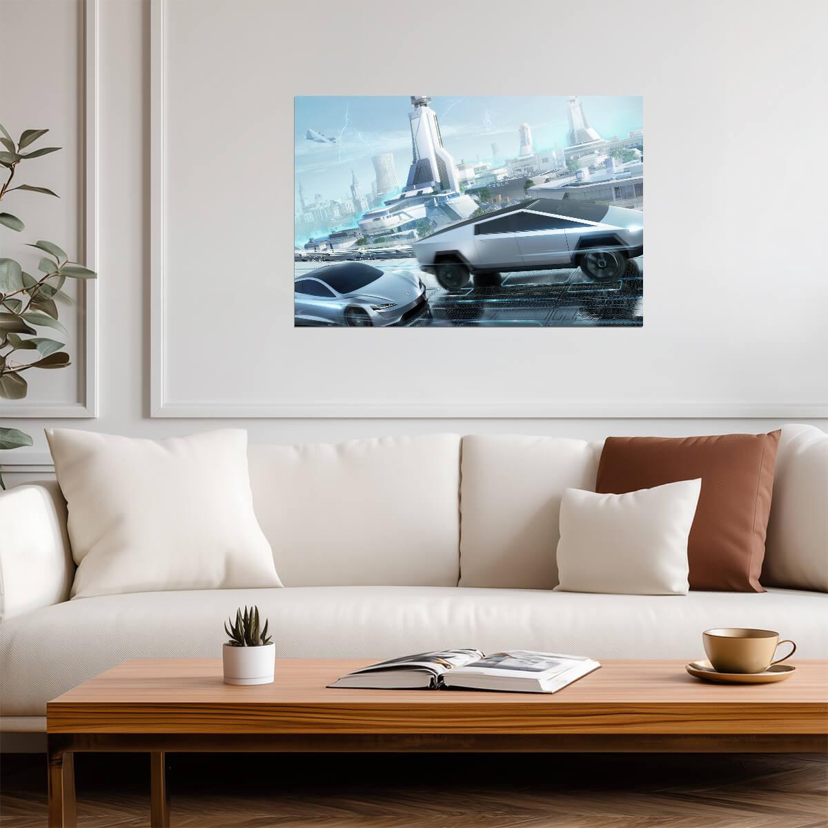 Tesla Cybertruck & Roadster | Futuristic Cityscape Art Print | Sci-Fi Electric Vehicle Poster - Cars Poster
