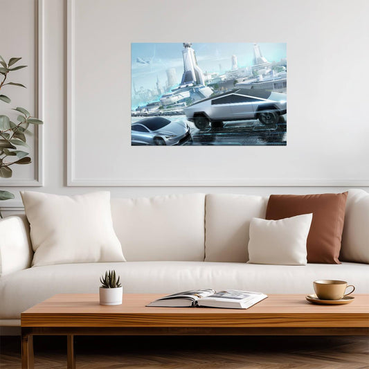 Tesla Cybertruck & Roadster | Futuristic Cityscape Art Print | Sci-Fi Electric Vehicle Poster - Cars Poster