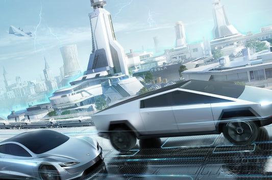 Tesla Cybertruck & Roadster | Futuristic Cityscape Art Print | Sci-Fi Electric Vehicle Poster - Cars Poster