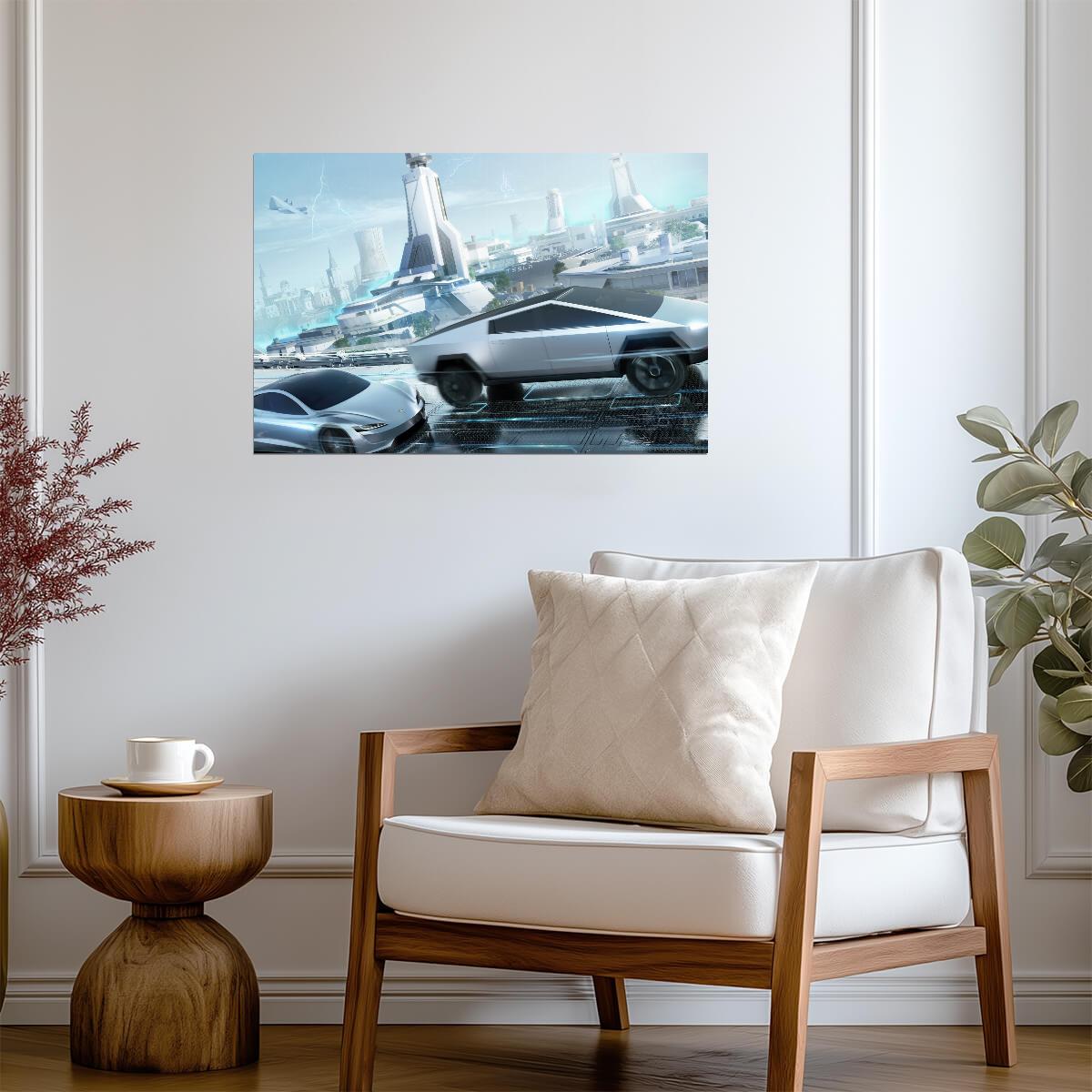 Tesla Cybertruck & Roadster | Futuristic Cityscape Art Print | Sci-Fi Electric Vehicle Poster - Cars Poster