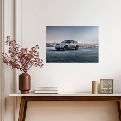 Land Rover Range Rover Evoque Coupe | Luxury Compact SUV Poster | Silver Crossover Overlooking City - Cars Poster