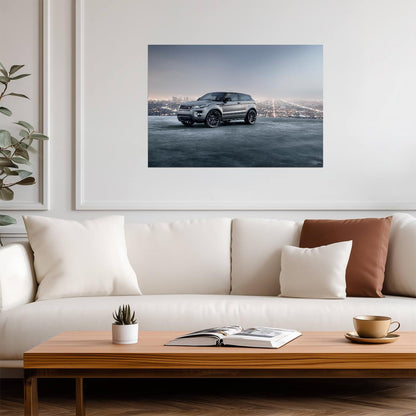 Land Rover Range Rover Evoque Coupe | Luxury Compact SUV Poster | Silver Crossover Overlooking City - Cars Poster