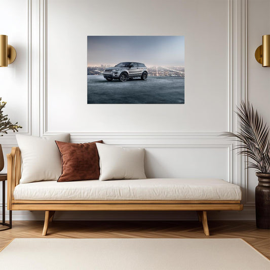 Land Rover Range Rover Evoque Coupe | Luxury Compact SUV Poster | Silver Crossover Overlooking City - Cars Poster