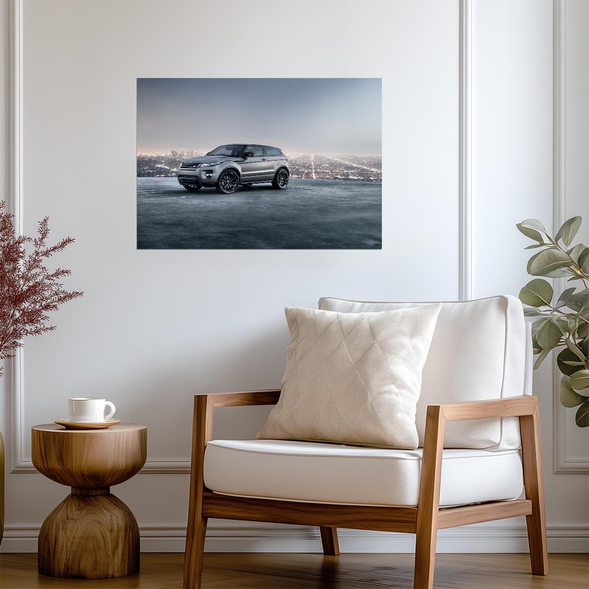 Land Rover Range Rover Evoque Coupe | Luxury Compact SUV Poster | Silver Crossover Overlooking City - Cars Poster