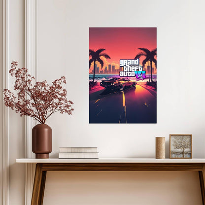 Grand Theft Auto VI Fan Art Car & Sunset | Vice City Style Poster | AI Generated Game Decor - Video Games Poster