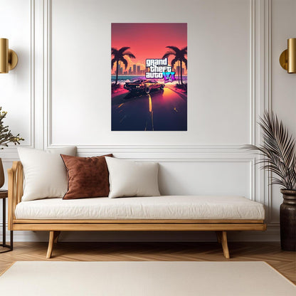 Grand Theft Auto VI Fan Art Car & Sunset | Vice City Style Poster | AI Generated Game Decor - Video Games Poster