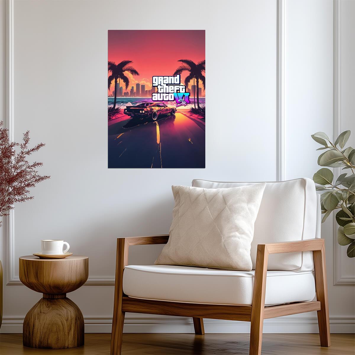 Grand Theft Auto VI Fan Art Car & Sunset | Vice City Style Poster | AI Generated Game Decor - Video Games Poster