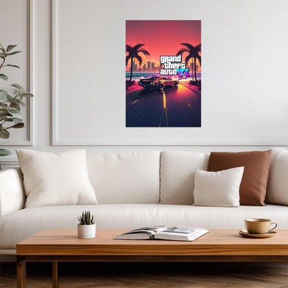 Grand Theft Auto VI Fan Art Car & Sunset | Vice City Style Poster | AI Generated Game Decor - Video Games Poster