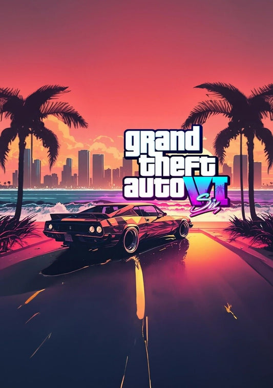 Grand Theft Auto VI Fan Art Car & Sunset | Vice City Style Poster | AI Generated Game Decor - Video Games Poster