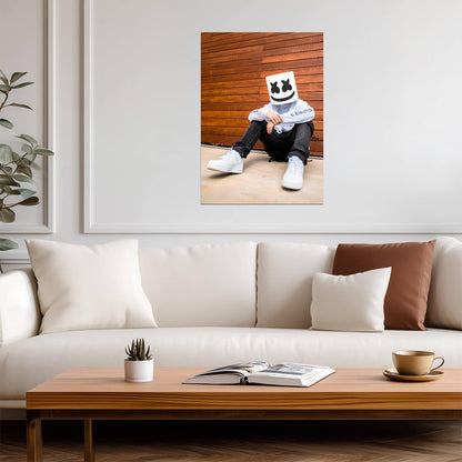 Marshmello Sitting Pose | White Hoodie DJ Photo | EDM Music Poster - Music Poster