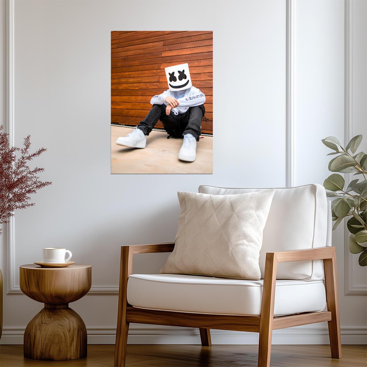 Marshmello Sitting Pose | White Hoodie DJ Photo | EDM Music Poster - Music Poster