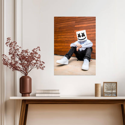Marshmello Sitting Pose | White Hoodie DJ Photo | EDM Music Poster - Music Poster