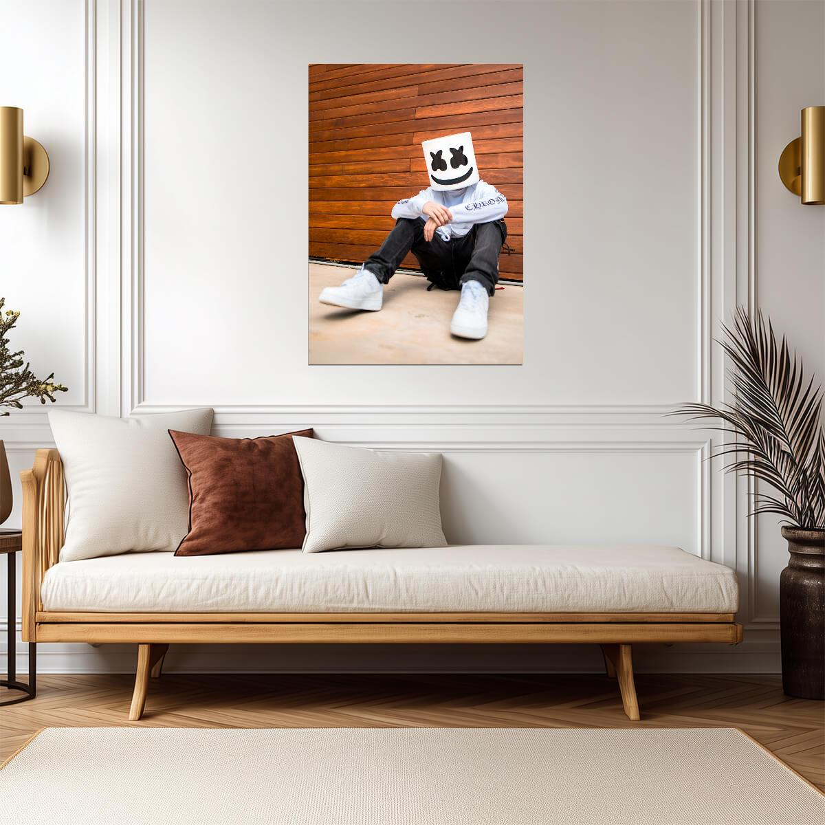 Marshmello Sitting Pose | White Hoodie DJ Photo | EDM Music Poster - Music Poster