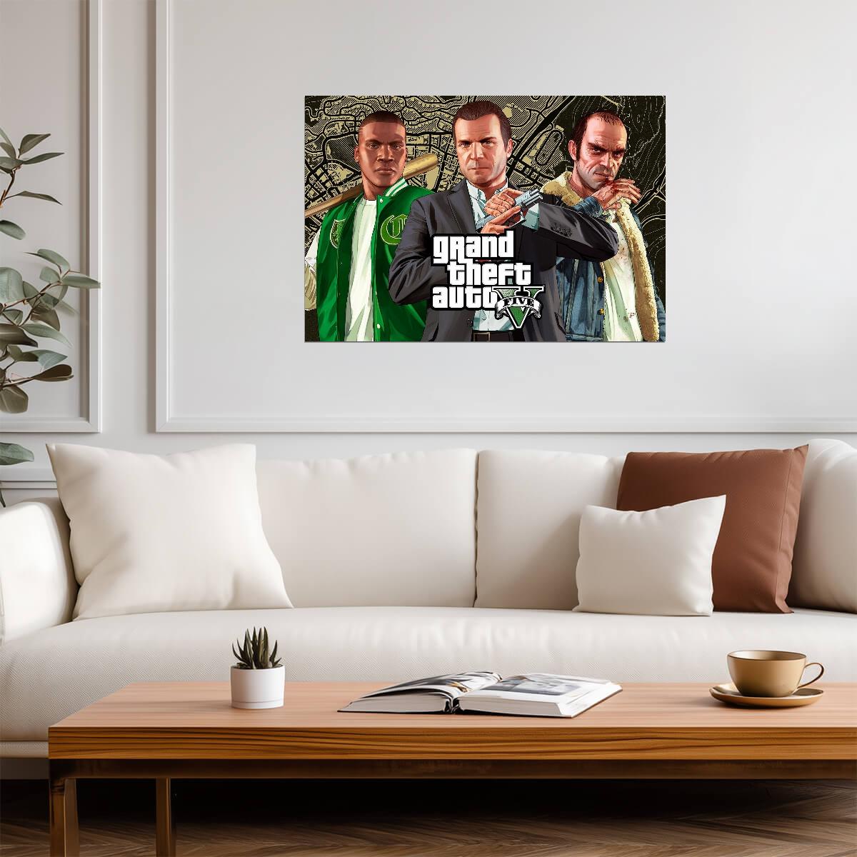 Grand Theft Auto V Michael Franklin & Trevor Map Background | Main Characters Poster | Open World Gaming Art - Video Games Poster