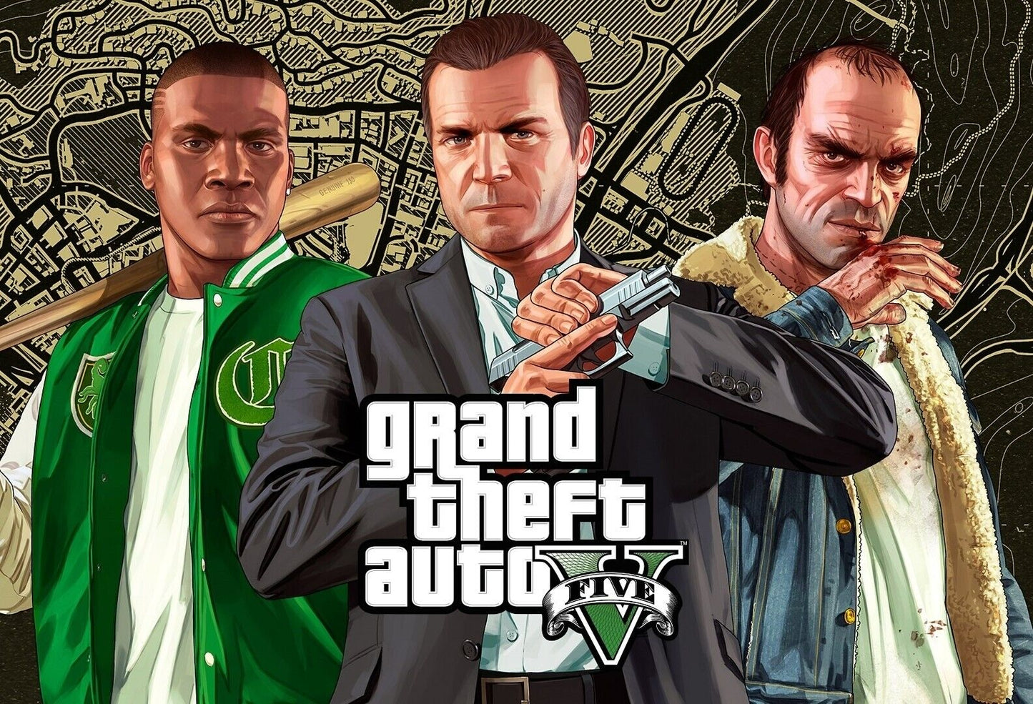 Grand Theft Auto V Michael Franklin & Trevor Map Background | Main Characters Poster | Open World Gaming Art - Video Games Poster