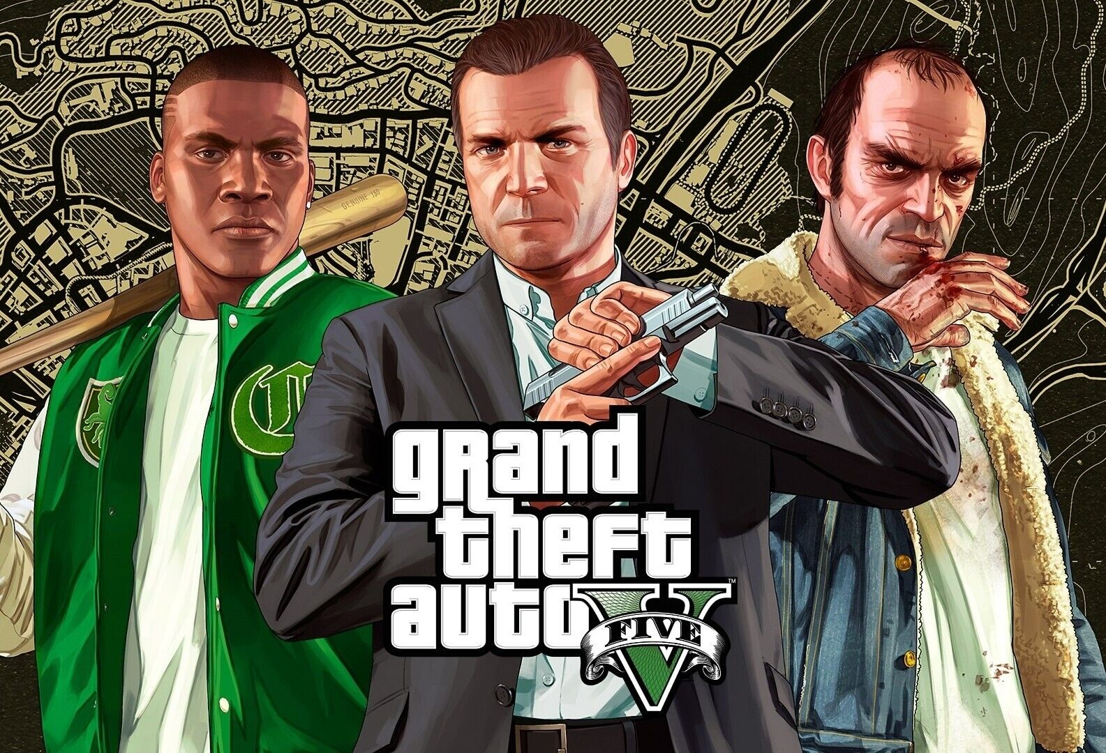 Grand Theft Auto V Michael Franklin & Trevor Map Background | Main Characters Poster | Open World Gaming Art - Video Games Poster