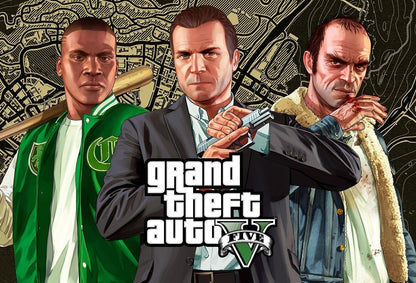Grand Theft Auto V Michael Franklin & Trevor Map Background | Main Characters Poster | Open World Gaming Art - Video Games Poster