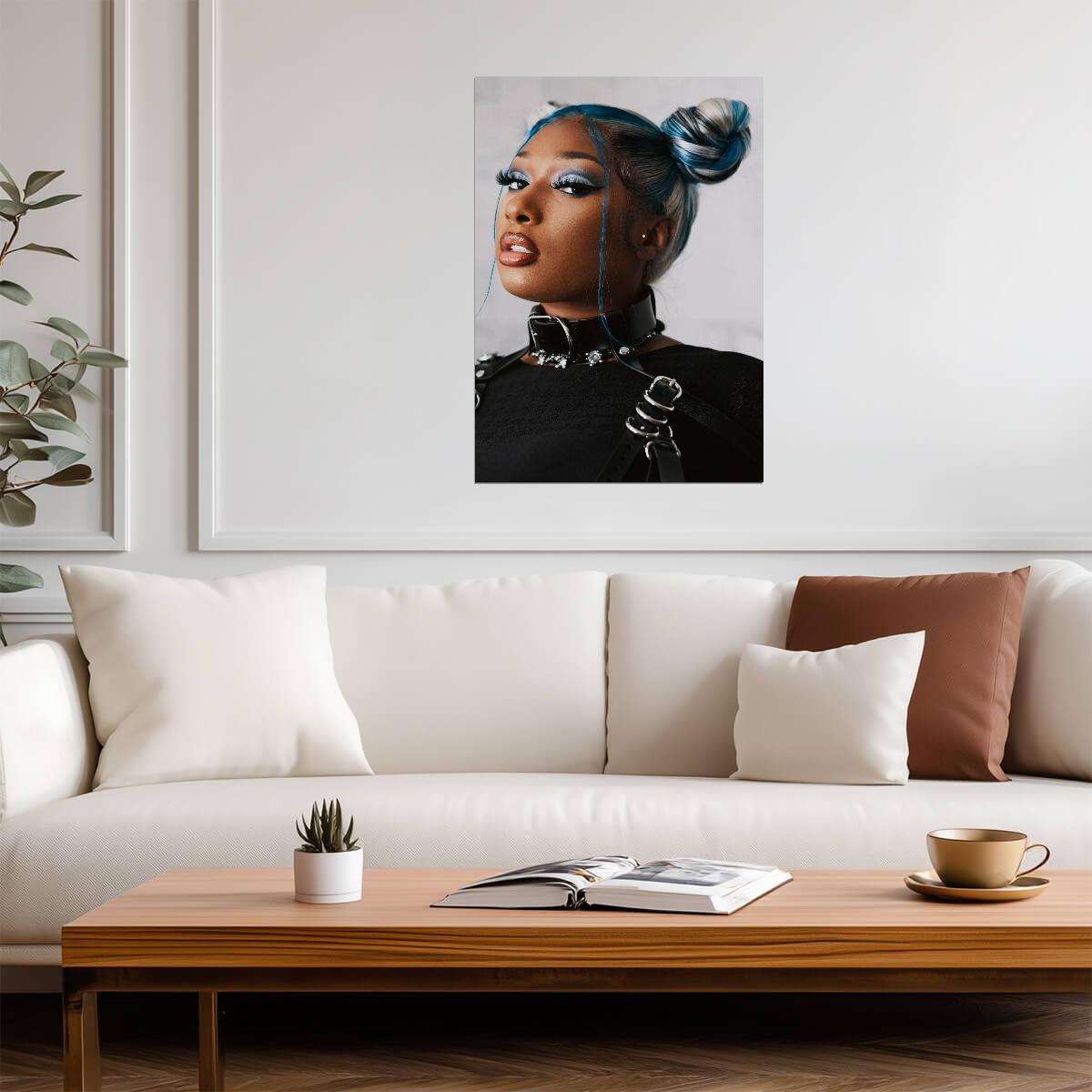 Megan Thee Stallion Blue Hair | Black Outfit Photoshoot Poster | Hip Hop Star Wall Art - Music Poster