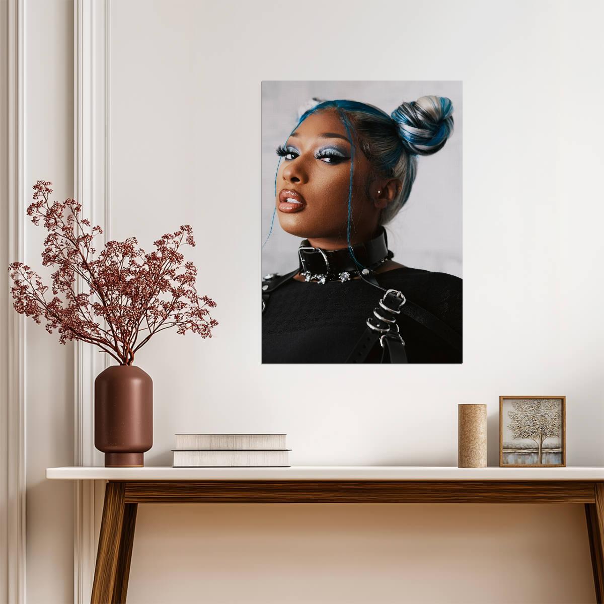 Megan Thee Stallion Blue Hair | Black Outfit Photoshoot Poster | Hip Hop Star Wall Art - Music Poster