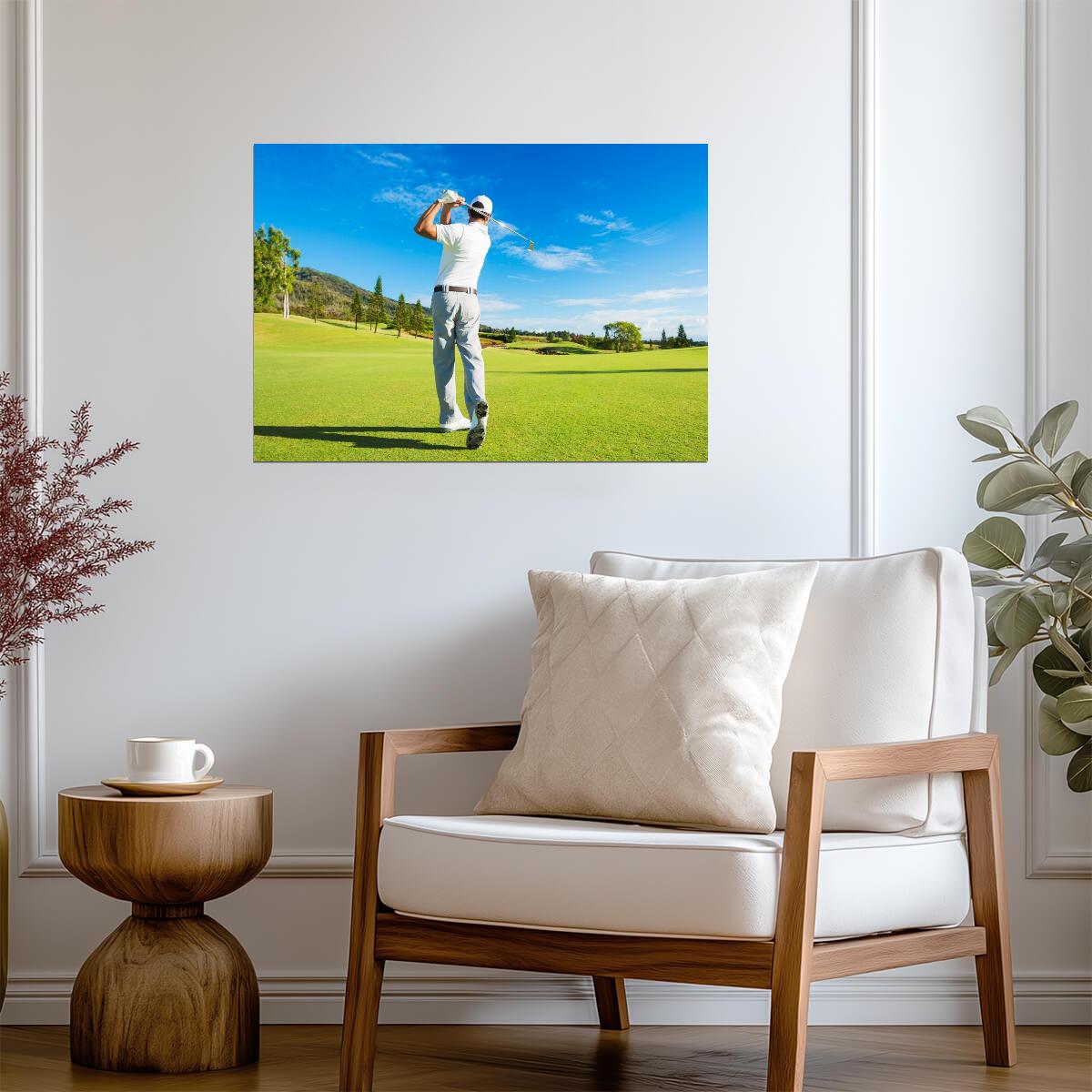 Golfer Mid-Swing on a Lush Fairway | Scenic Sports Photography | Golf Lover Gift Poster - Sports Poster