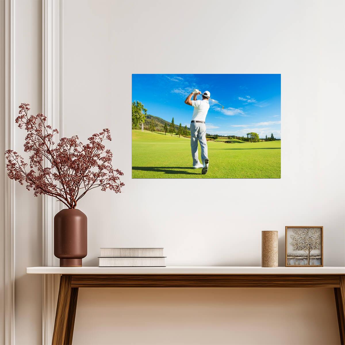Golfer Mid-Swing on a Lush Fairway | Scenic Sports Photography | Golf Lover Gift Poster - Sports Poster