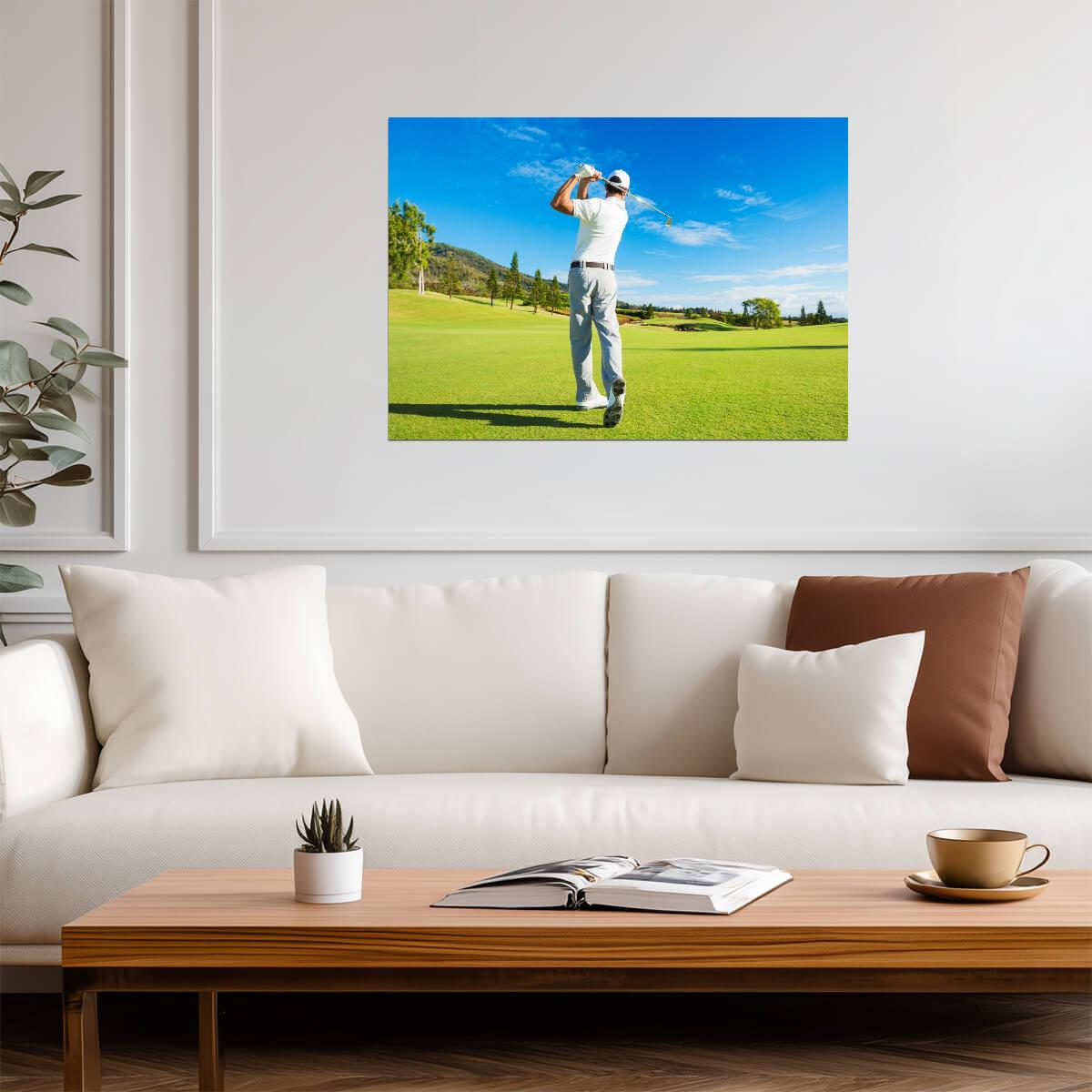 Golfer Mid-Swing on a Lush Fairway | Scenic Sports Photography | Golf Lover Gift Poster - Sports Poster