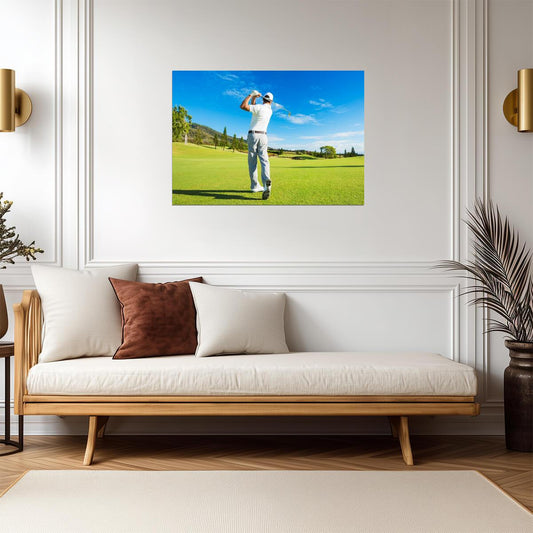 Golfer Mid-Swing on a Lush Fairway | Scenic Sports Photography | Golf Lover Gift Poster - Sports Poster