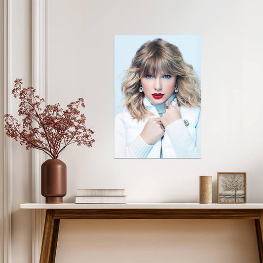 Taylor Swift Red Lips Portrait | White Winter Vest Photoshoot | Music Star Poster - Music Poster