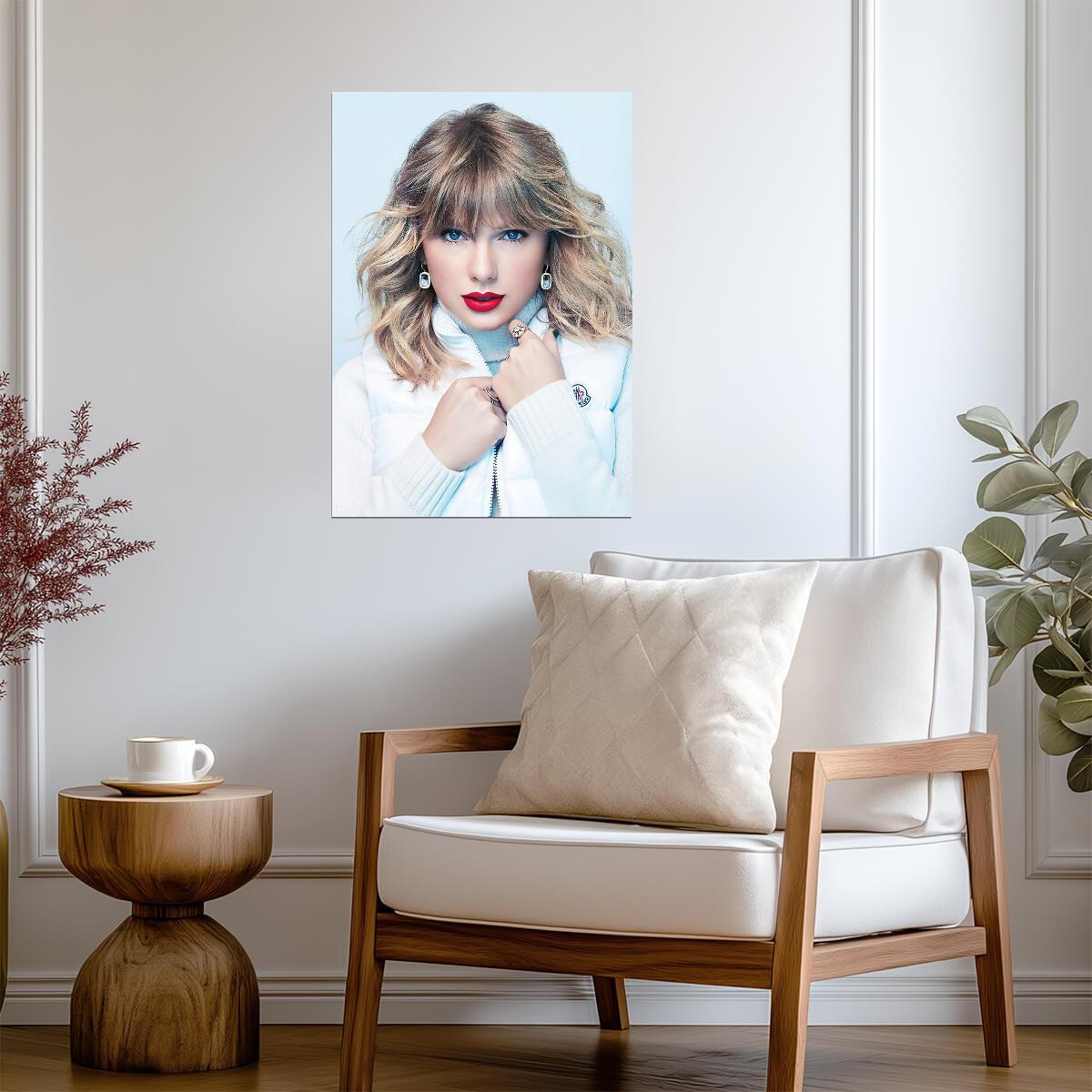 Taylor Swift Red Lips Portrait | White Winter Vest Photoshoot | Music Star Poster - Music Poster