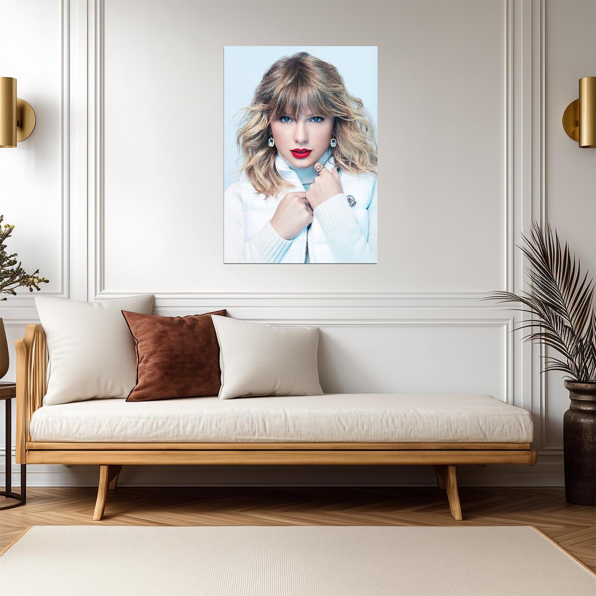 Taylor Swift Red Lips Portrait | White Winter Vest Photoshoot | Music Star Poster - Music Poster