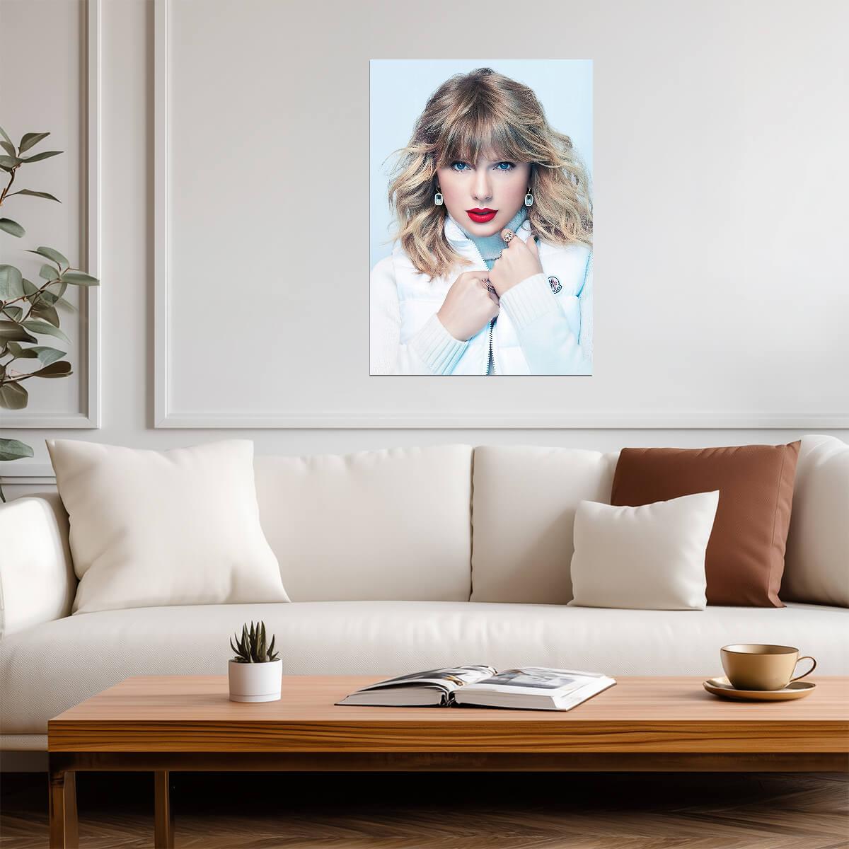 Taylor Swift Red Lips Portrait | White Winter Vest Photoshoot | Music Star Poster - Music Poster