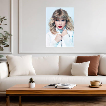 Taylor Swift Red Lips Portrait | White Winter Vest Photoshoot | Music Star Poster - Music Poster