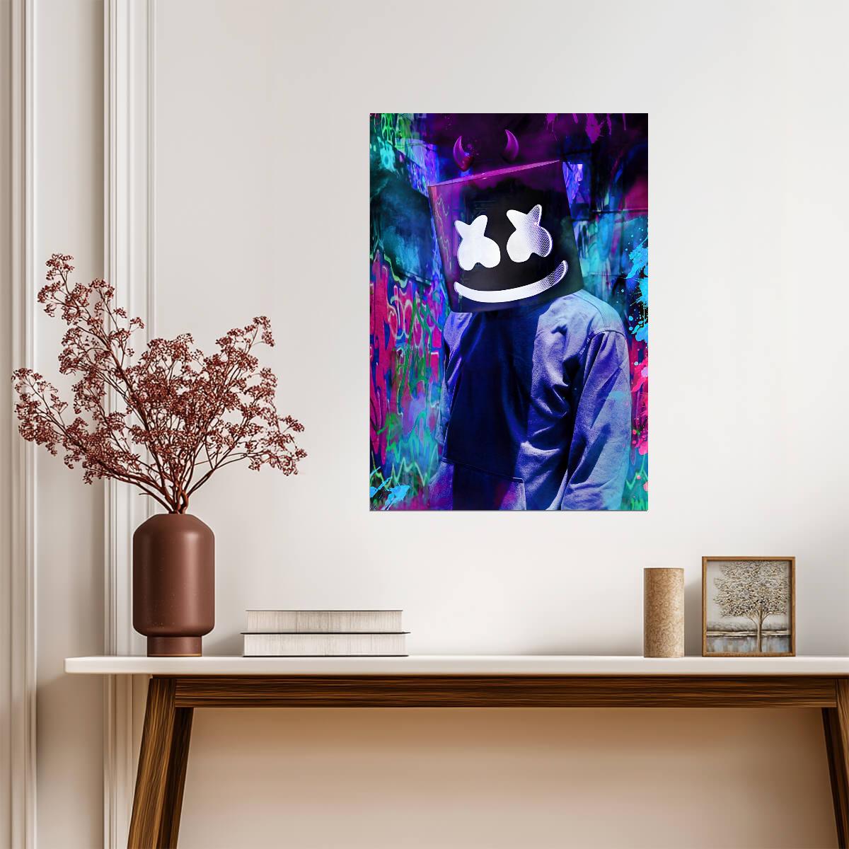 Marshmello Neon Graffiti Art | Dark Helmet Portrait | DJ Wall Decor Poster - Music Poster