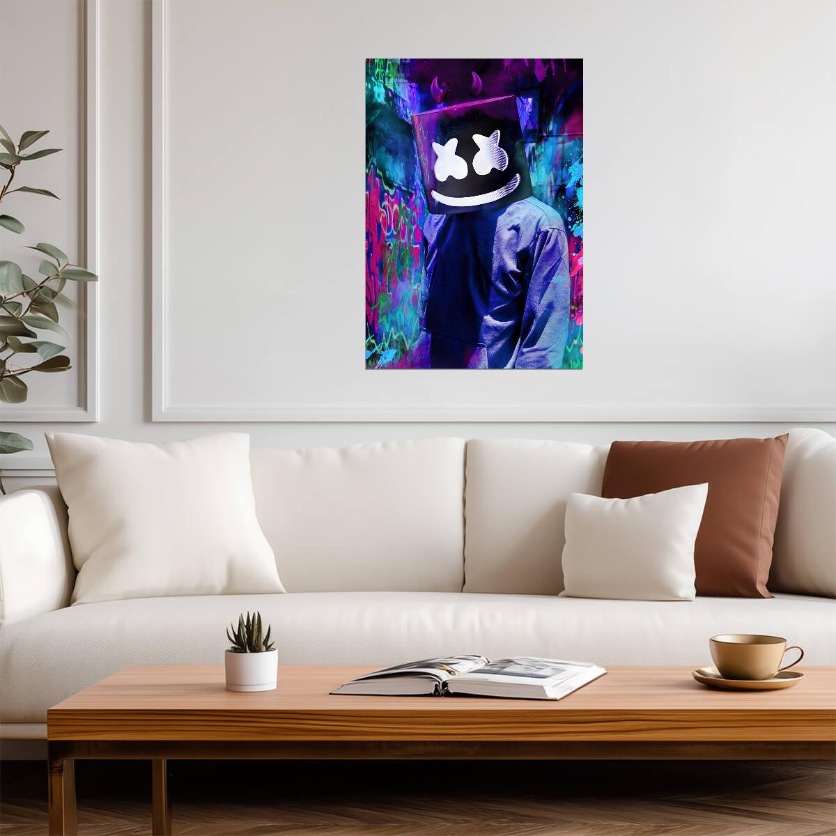 Marshmello Neon Graffiti Art | Dark Helmet Portrait | DJ Wall Decor Poster - Music Poster