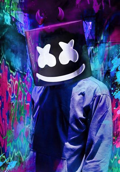 Marshmello Neon Graffiti Art | Dark Helmet Portrait | DJ Wall Decor Poster - Music Poster