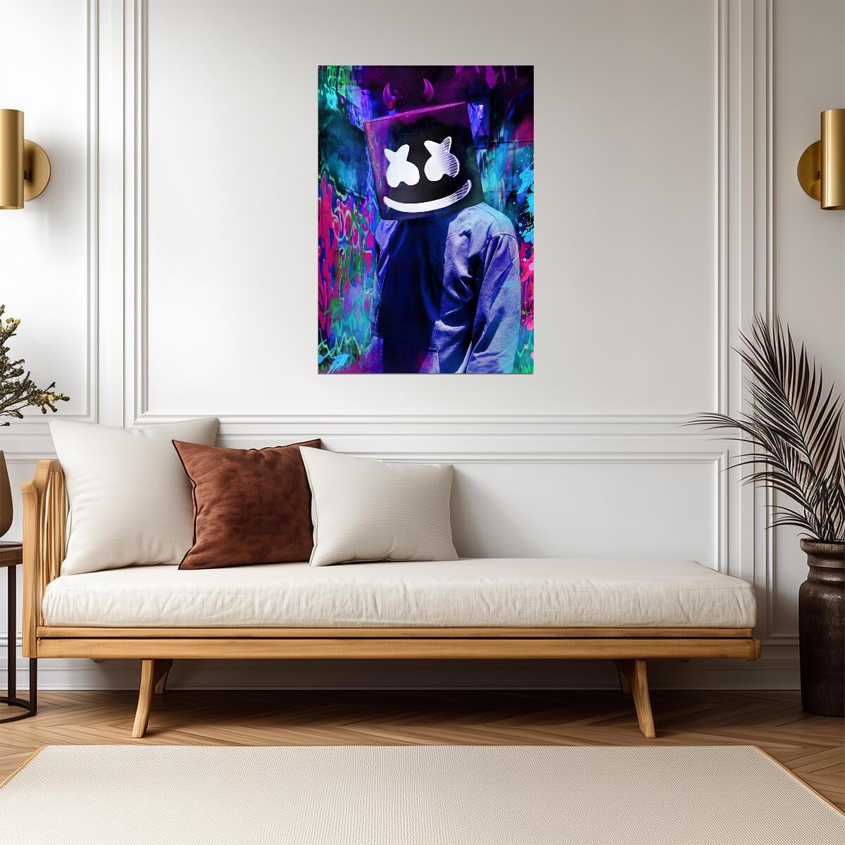Marshmello Neon Graffiti Art | Dark Helmet Portrait | DJ Wall Decor Poster - Music Poster