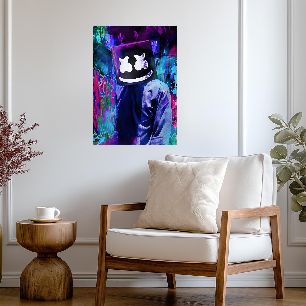 Marshmello Neon Graffiti Art | Dark Helmet Portrait | DJ Wall Decor Poster - Music Poster