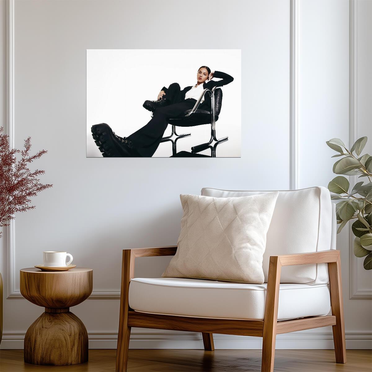 Olivia Rodrigo Black Suit & Boots | Sitting in Chair Photo | Pop Music Poster - Music Poster