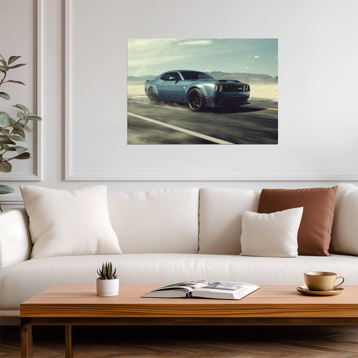 Dodge Challenger SRT Hellcat Widebody | American Muscle Car Poster | Blue Supercharged V8 in Motion - Cars Poster