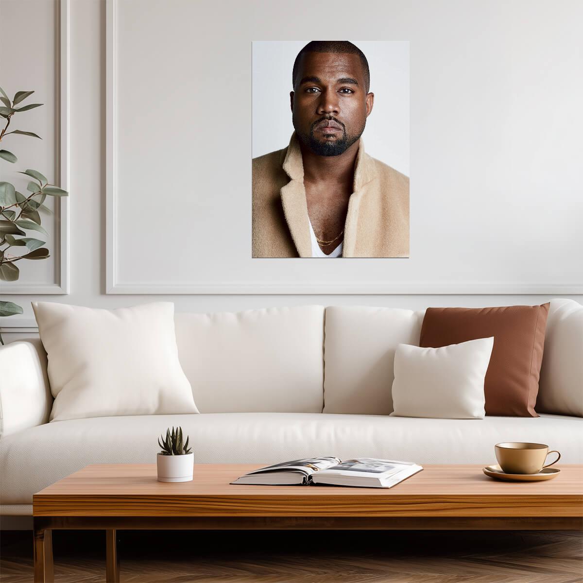 Kanye West Portrait in Tan Coat | Celebrity Poster | Hip Hop Star Wall Art - Music Poster