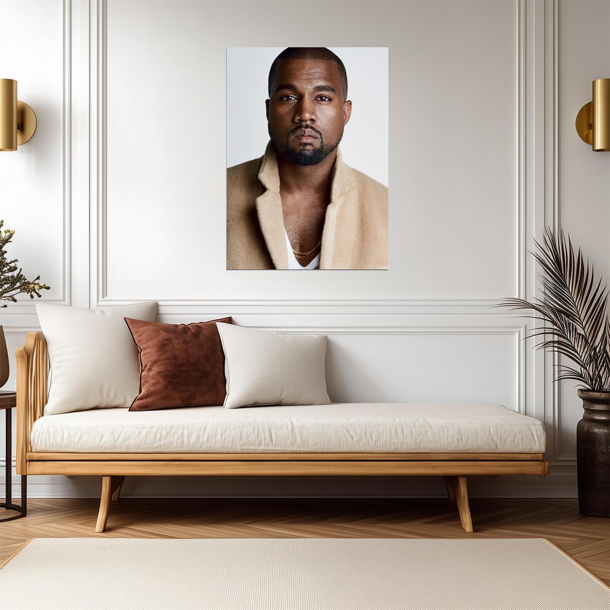 Kanye West Portrait in Tan Coat | Celebrity Poster | Hip Hop Star Wall Art - Music Poster
