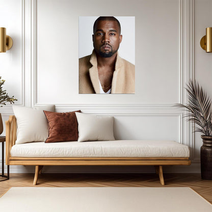 Kanye West Portrait in Tan Coat | Celebrity Poster | Hip Hop Star Wall Art - Music Poster