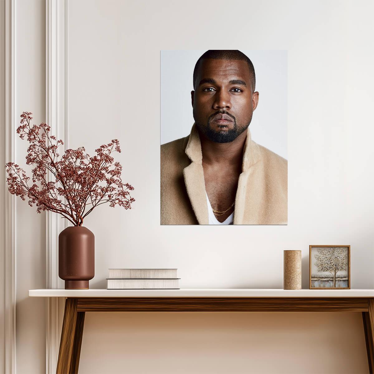Kanye West Portrait in Tan Coat | Celebrity Poster | Hip Hop Star Wall Art - Music Poster