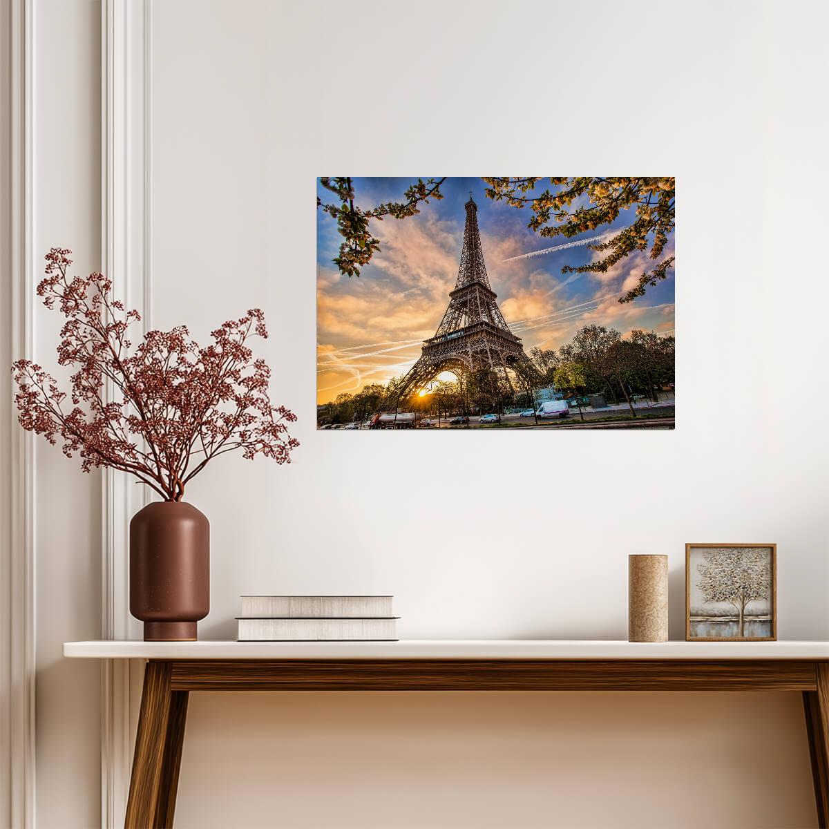 Eiffel Tower at Sunrise | Paris Photography Poster | Spring Blossoms Travel Wall Art - Photography Poster