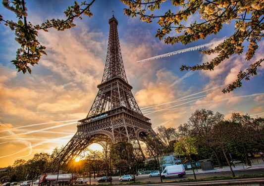 Eiffel Tower at Sunrise | Paris Photography Poster | Spring Blossoms Travel Wall Art - Photography Poster