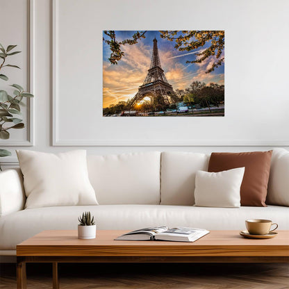 Eiffel Tower at Sunrise | Paris Photography Poster | Spring Blossoms Travel Wall Art - Photography Poster