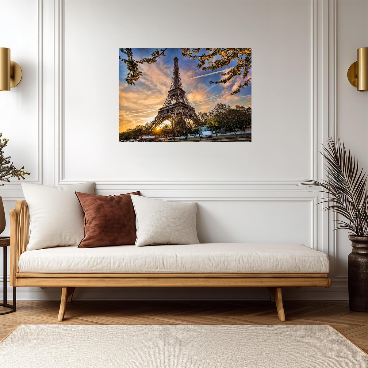 Eiffel Tower at Sunrise | Paris Photography Poster | Spring Blossoms Travel Wall Art - Photography Poster