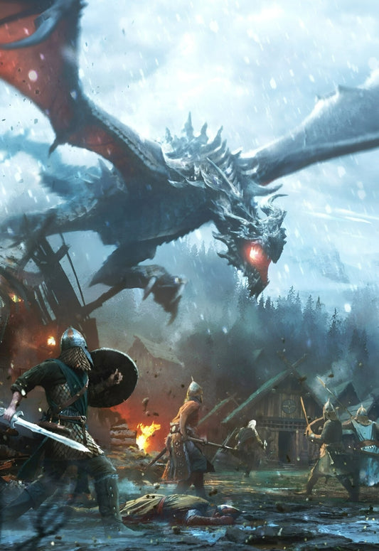 Skyrim Dragon Attacking Village | Epic Battle Scene Poster | Elder Scrolls Game Art - Video Games Poster