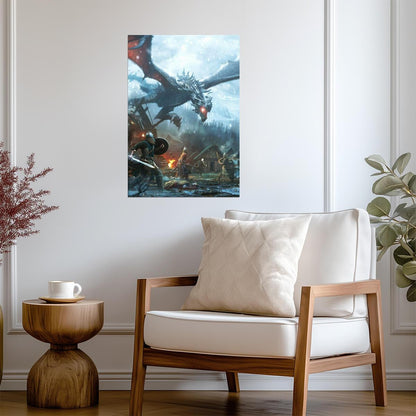 Skyrim Dragon Attacking Village | Epic Battle Scene Poster | Elder Scrolls Game Art - Video Games Poster